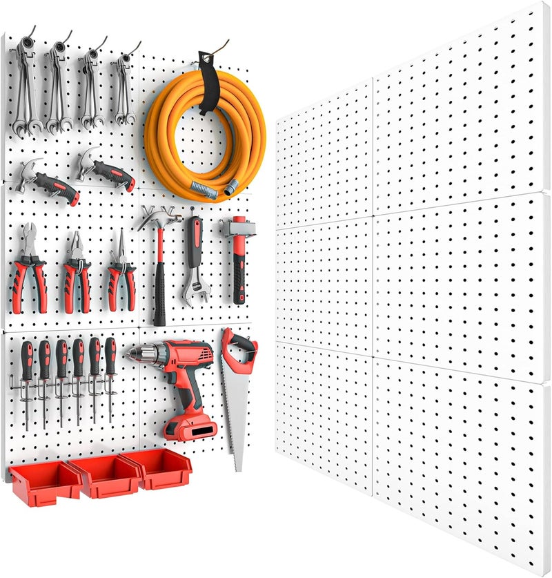 FZK Peg Board, 6PCS Metal Pegboard, Heavy Duty pegboard Wall Organizer with Frame. White pegboard for Walls, Garage, Workbench, Craft Room Tool Organization, Metal peg Board Panels 12in*12in - Image 1
